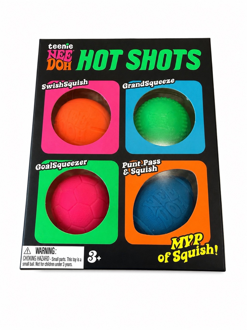 NeeDoh Hot Shots 4-Pack - Baseball/Softball, Soccer Ball, Football and Baskeball